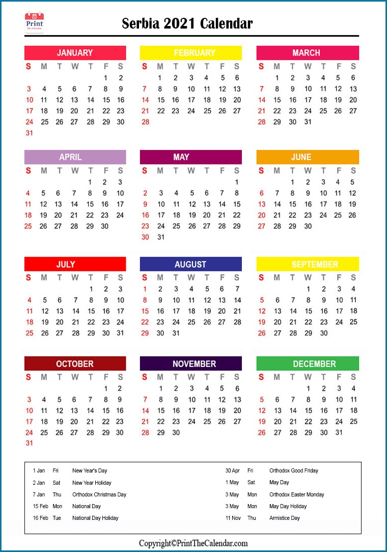 Serbia Printable Calendar 2021